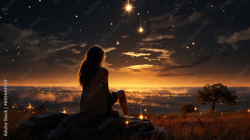 A girl sits on a bench looking at a moon and a sky.