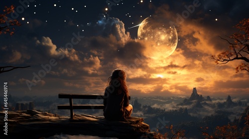 A girl sits on a bench looking at a moon and a sky.