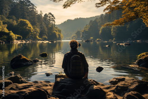Peaceful Reflection. Person looking out at a tranquil landscape, embodying the introspection and serenity that lead to inner peace. Generative Ai.