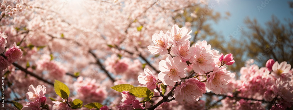 Spring border or background art with pink blossom. Beautiful nature scene with blooming tree and sun flare Spring border or background art with pink blossom. Beautiful nature scene with blooming tree and sun flare