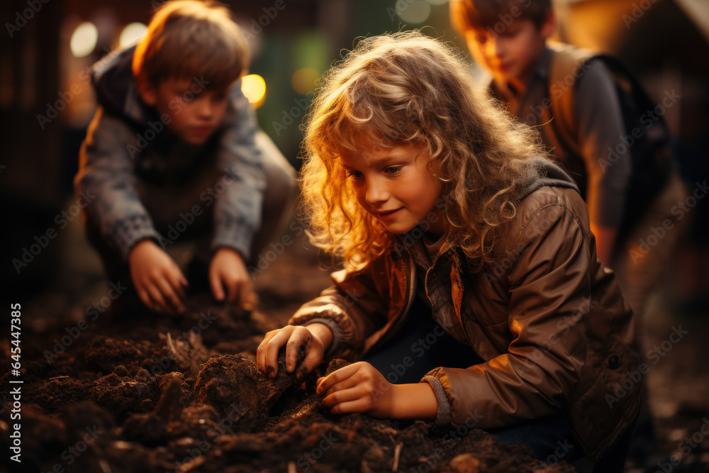 Kids dig into the soil, discovering earthworms and learning about soil health. Concept of Soil Exploration. Generative Ai.