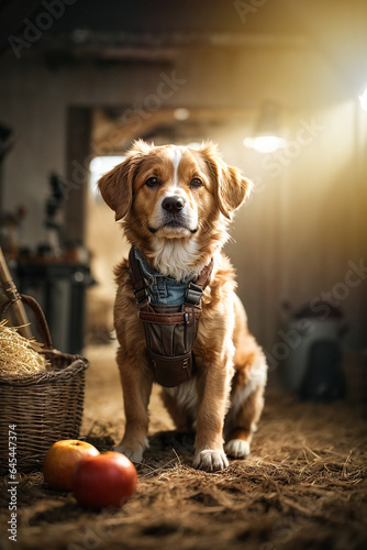 Animal dressed as a farmer in the barn