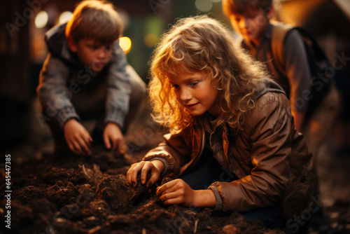 Kids dig into the soil, discovering earthworms and learning about soil health. Concept of Soil Exploration. Generative Ai.