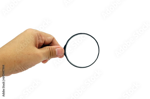 Magnifying glass in hand isolated on white background with clipping path, finding concept, PNG