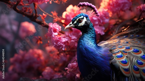 A peacock with a flower.