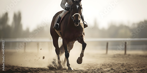 Brown racing horse with jockey races along sandy racetrack. © Bonsales