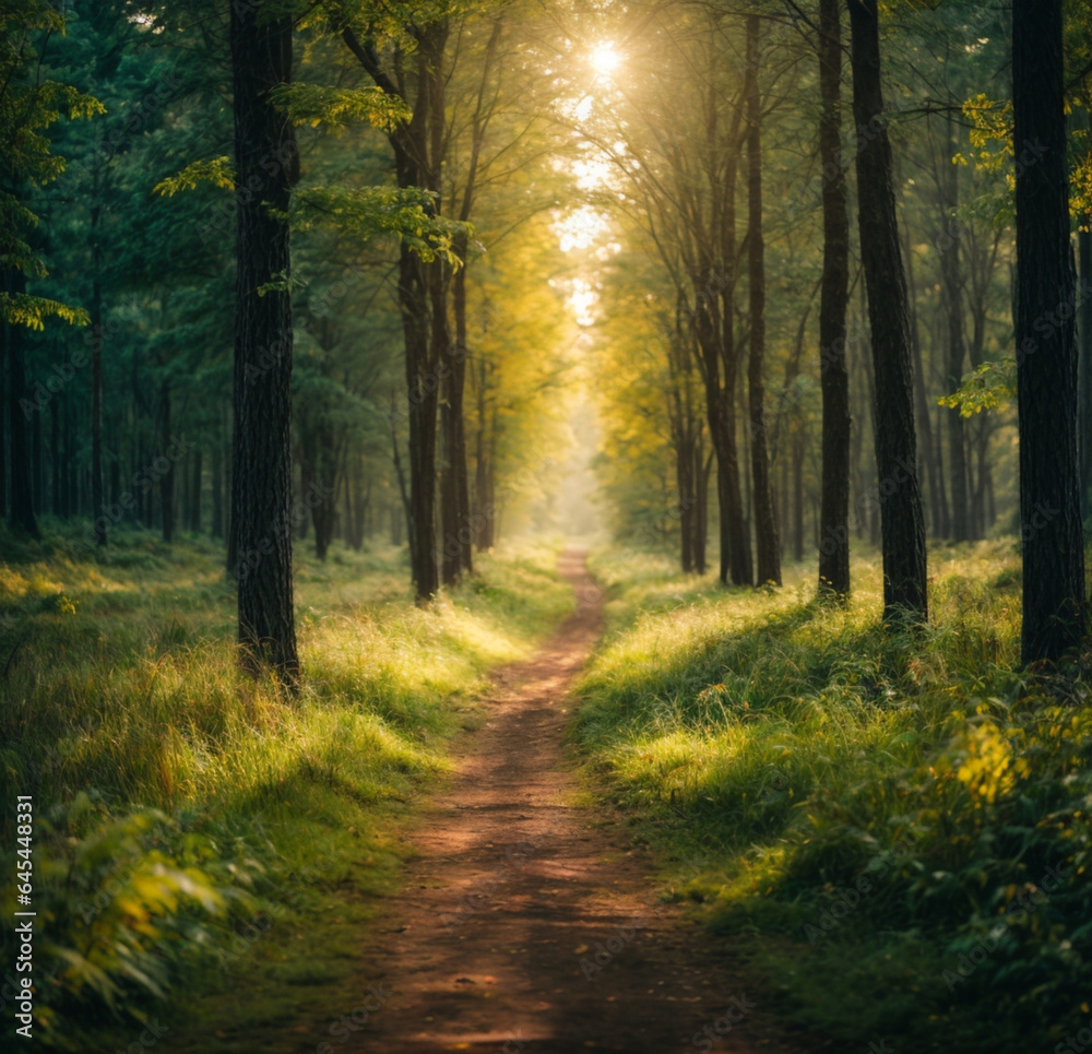 Obraz premium Road in dark forest, sunlight, lush greenery and grass