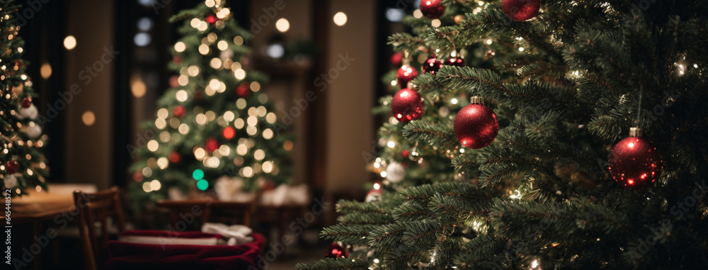 Festive Christmas tree with decorations, lights, and 
