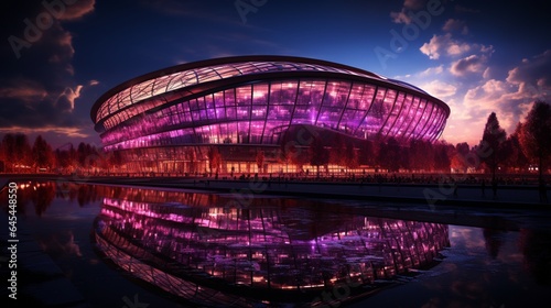 A stadium with a purple roof and lights that says the world cup on it. © Renuka