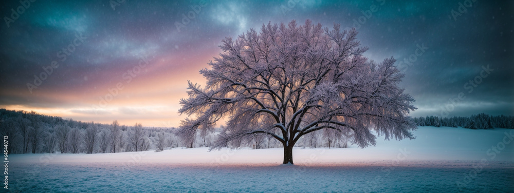 Fototapeta premium Beautiful tree in winter landscape in late evening in snowfall