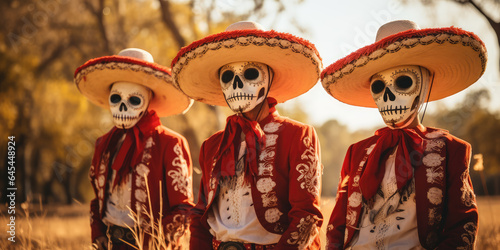 Group with Mexican skulls makeup and sombrero celebrating Day of the Dead in traditional dress.