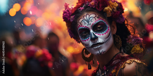 Beautiful woman with Mexican skulls makeup on her face and dressed for Day of the Dead in Mexico.