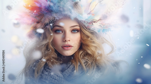 watercolor winter snow beautiful  portrait of a beautiful woman