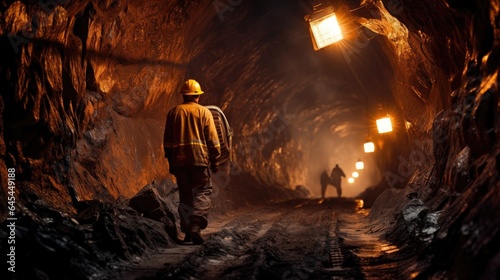 underground mining tunnel, with a radiant light backing from the tunnel's end, signifying the discovery of valuable resources. ingenuity of mining professionals in unlocking the Earth's treasures. © pvl0707