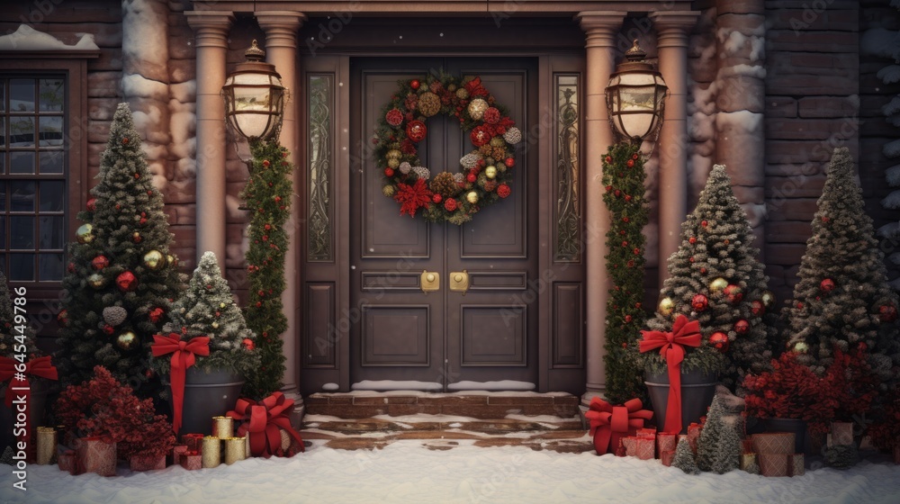 A Christmas wreath is hanging on the front door