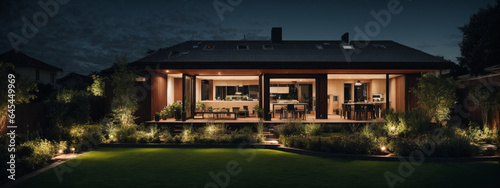Modern house with garden at night