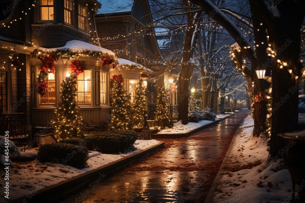 captivating nighttime photo showcasing a street illuminated by elegant Christmas lights, creating a magical after-dark atmosphere