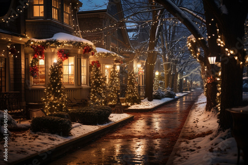 captivating nighttime photo showcasing a street illuminated by elegant Christmas lights, creating a magical after-dark atmosphere