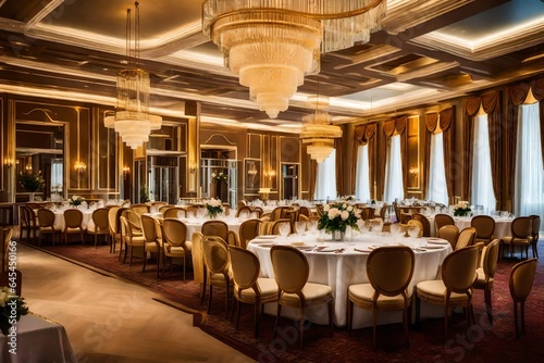 In the heart of the grand hotel, the white and golden color scheme creates an ambiance of sheer opulence. AI Generative © hani
