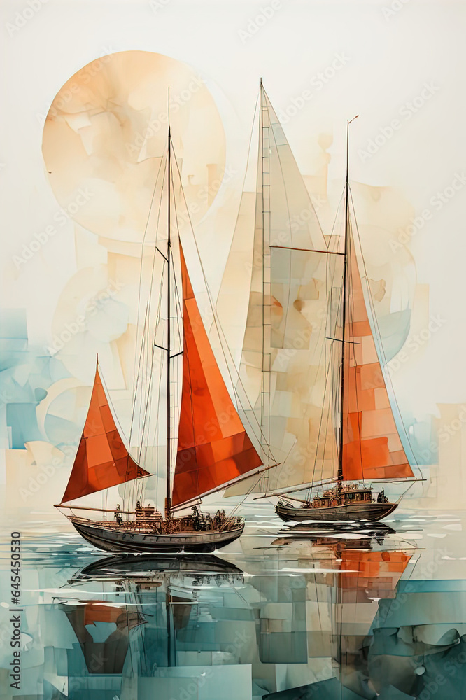 A sailboat at sunset. A cubist drawing - Created with Generative AI Technology