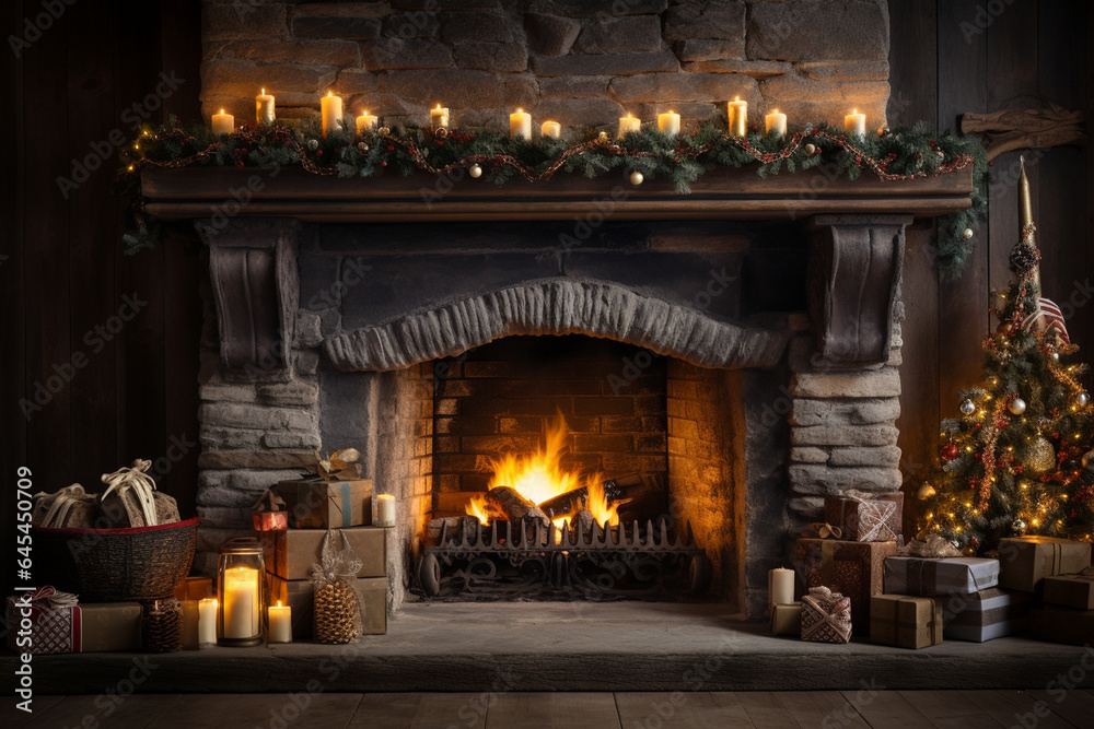 warm and inviting photo of a fireplace adorned with Christmas decorations, creating a cozy winter ambiance warm and inviting photo of a fireplace adorned with Christmas decorations, creating a cozy winter ambiance