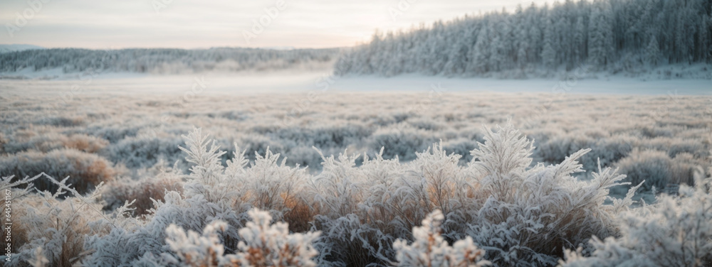 white wood covered with frost frosty landscape - obrazy, fototapety, plakaty 