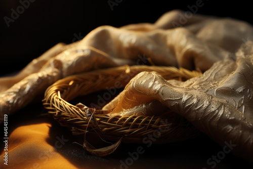 A shofar resting on a ceremonial cloth, waiting to be sounded during the Rosh Hashanah service. Generative Ai.