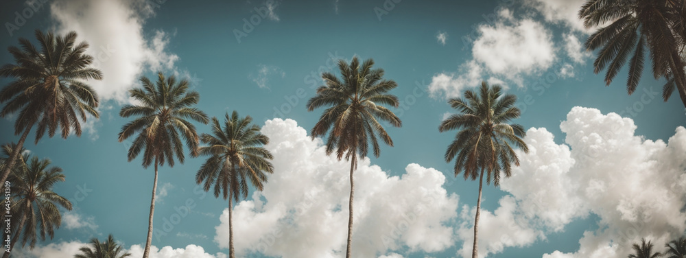 Fototapeta premium Blue sky and palm trees view from below, vintage style, tropical beach and summer background, travel concept