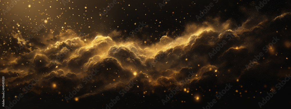 Abstract magic gold dust background over black. Beautiful golden art widescreen background - obrazy, fototapety, plakaty 