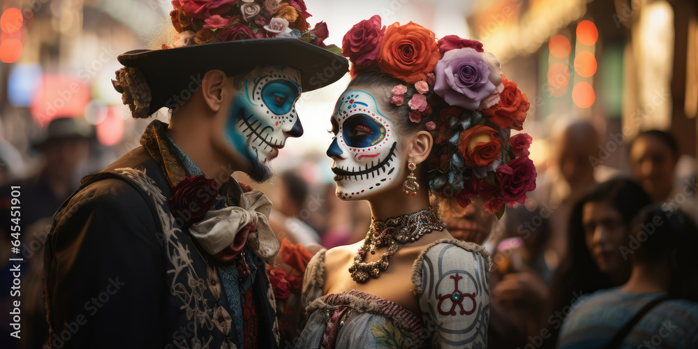 Beautiful couple with Mexican skulls makeup on their faces dressed for Day of the Dead in Mexico.