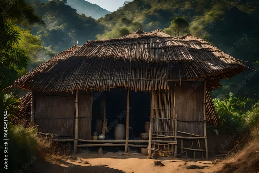 The small house of a poor man is like a hut, its slightly broken roof made of bamboo, basking in the warm embrace of a sunny noon. AI Generative