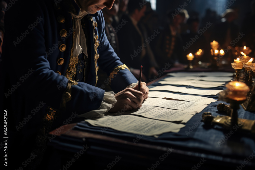 Obraz premium A person examines historical documents related to the drafting of the Constitution, appreciating the archival preservation of the nation's heritage. Generative Ai.