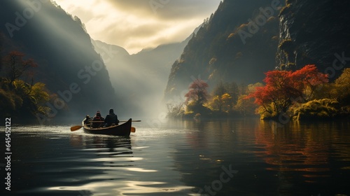 Adventure on tranquil water rowing through fog. © Renuka