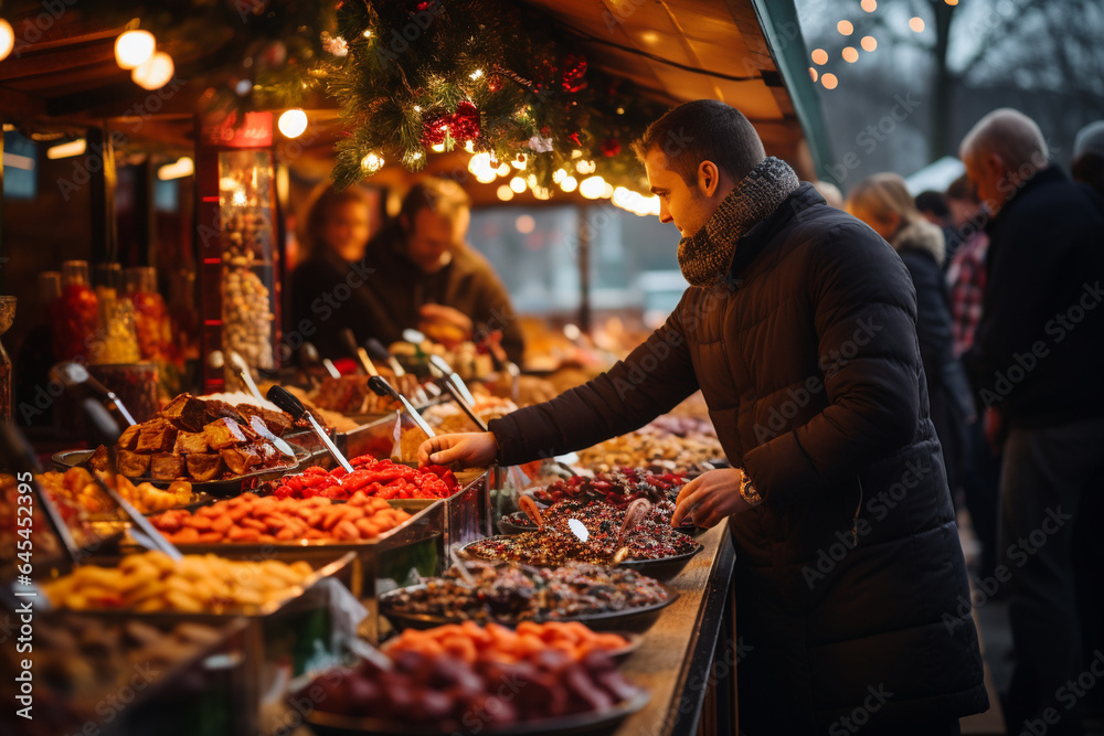 lively photo capturing the bustling vendor stalls at a Christmas fair, adorned with colorful decorations and holiday merchandise lively photo capturing the bustling vendor stalls at a Christmas fair, adorned with colorful decorations and holiday merchandise