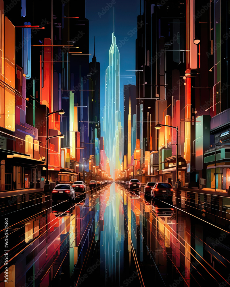 Night city with skyscrapers and high-rise buildings. Vector illustration