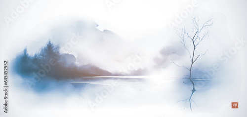 Blue ink painting of  landscape with trees on misty island and big red sun on white background. Traditional oriental ink painting sumi-e, u-sin, go-hua. Translation of hieroglyph - zen