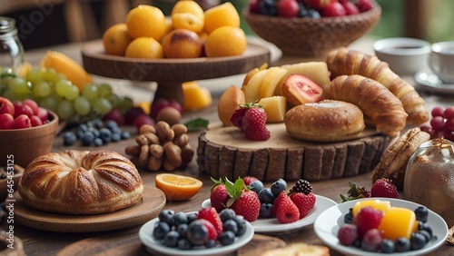 Gourmet Cuisine and Food Presentation-A rustic wooden table set with a farm-to-table brunch featuring fresh fruits and pastries., Gourmet Cuisine and Food Presentation