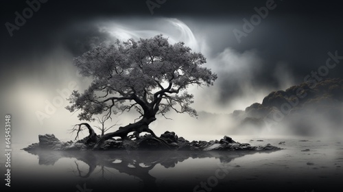Black and white background with tree.