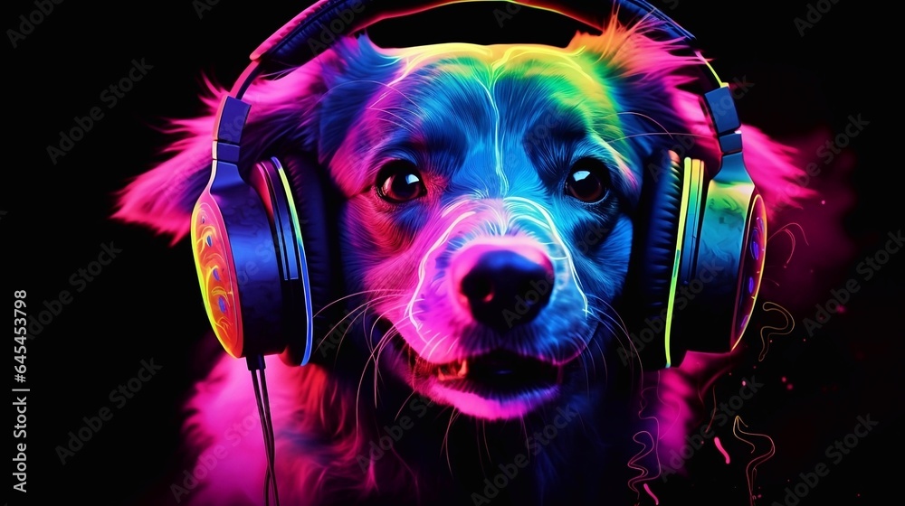 Funny cute dog realistic image in wearing noise-canceling headphones Funny cute dog realistic image in wearing noise-canceling headphones