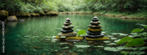 Zen stones pyramid on water surface, greenery © @uniturehd