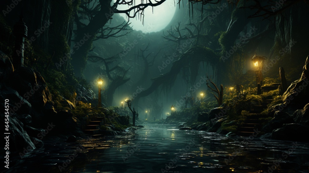 Exotic foggy forest Jungle panorama forest oasis Foggy dark forest Natural forest landscape.