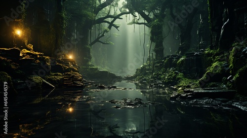 Exotic foggy forest Jungle panorama forest oasis Foggy dark forest Natural forest landscape. © Renuka