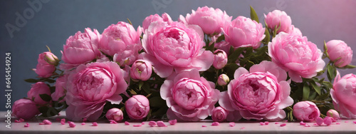Świeża wiązka różowe peonie i róże z kopii przestrzenią