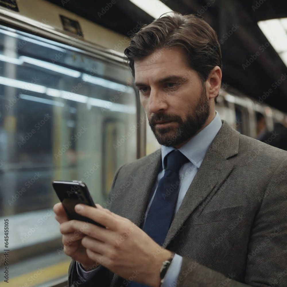 Serious Businessman Using Smartphone in Subway Serious Businessman Using Smartphone in Subway