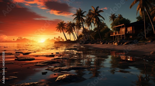Image of tropical sunset with house and palm trees reflected in the water.