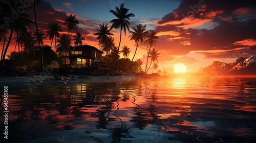 Image of tropical sunset with house and palm trees reflected in the water.