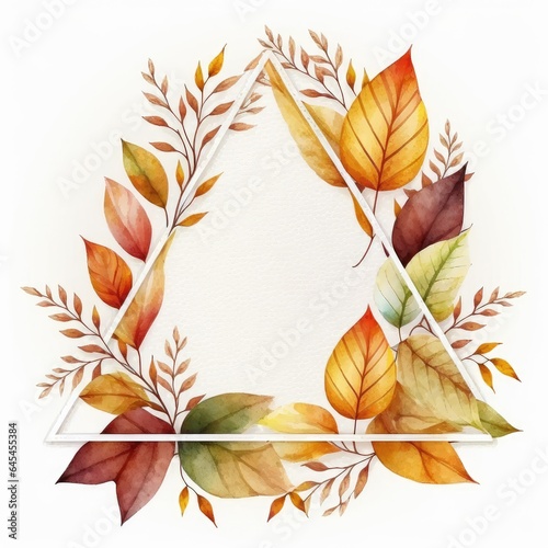 Triangle or diamond frame with autumn leaves watercolor painted isolated on white background. Theme of vintage minimal art design in geometric. Finest generative AI.