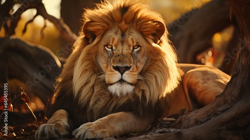 Majestic lion rests in Africa wilderness area.