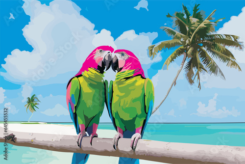 Vector two bright lovesick macaw parrots sit on a 
palm branch in the Maldives against the background 
of ocean, clouds and sky.  Exotic birds of paradise on the beach. 