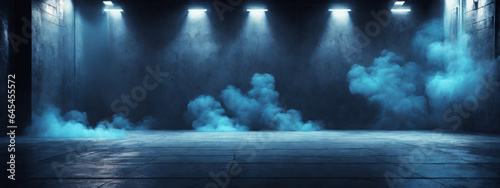 Abstract Dark Blue Background with Neon Lights and Smoke  Creating a Studio-Style Atmosphere for Product Displays on a Concrete Floor.